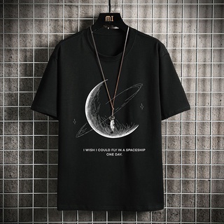 【100% cotton】ผ้าฝ้ายแขนสั้นเสื้อยืด moon star ผู้ชายฤดูร้อนขนาดใหญ่หลวมนักเรียนเสื้อยืดแนวโน้มญี่ปุ่น 5 จุดครึ่งแขน