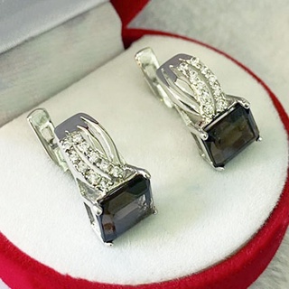 Q6423 ต่างหูพลอยสโมกกี้ควอตซ์แท้ ( Smoky Quartz ) ตัวเรือนเงินแท้ 925 ชุบทองคำขาว