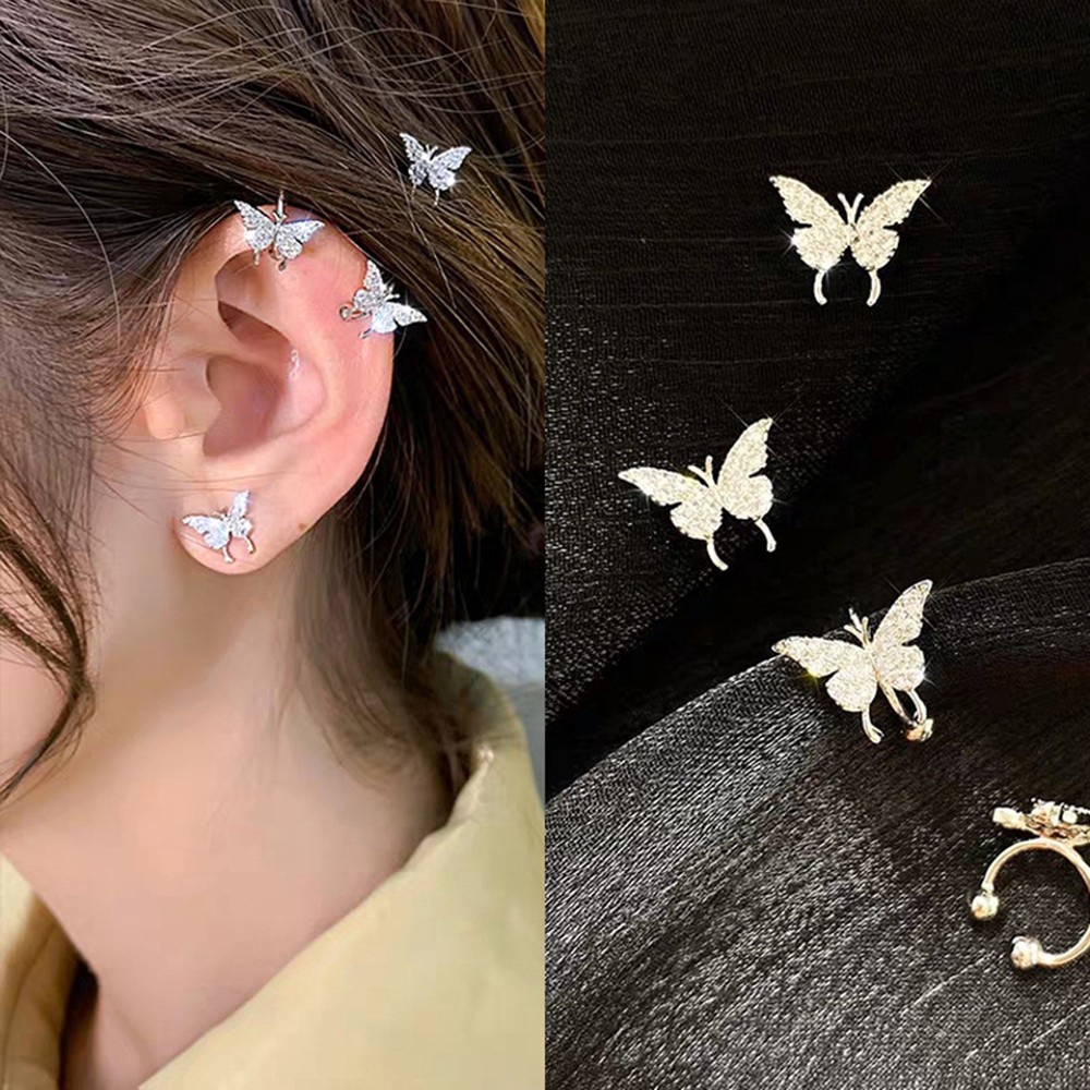 1Pc Korean Simple Diamond Studded Butterfly Earrings Ins Girl Heart