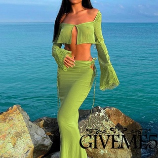 Giveme- เสื้อครอปคาร์ดิแกน แขนยาว สีพื้น และกระโปรงยาว ผูกเชือกด้านข้าง สําหรับผู้หญิง 2 ชิ้น