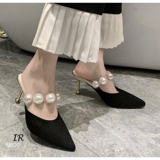 คัทชูเปิดส้นหนังกลับทรงสวยมาก แต่งสายคาดตอกอะไหล่ไข่มุก