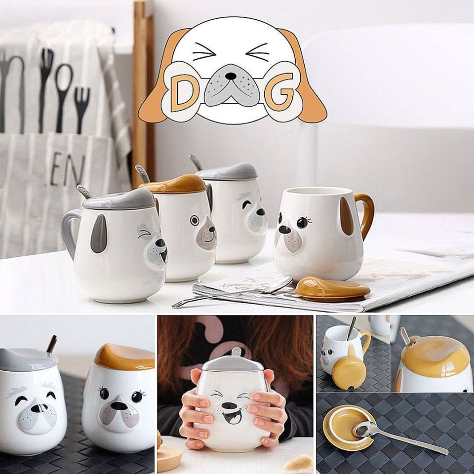 แก้วน้องหมา Happydogs เซรามิกทนความร้อน แก้วกาแฟ มีช้อนและฝาปิด