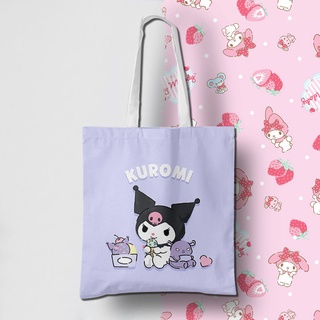 กระเป๋าสะพายไหล่ กระเป๋าช้อปปิ้ง ผ้าแคนวาส ลายการ์ตูน Sanrio Kuromi Melody น่ารัก เรียบง่าย เหมาะกับของขวัญ สําหรับนักเรียนหญิง