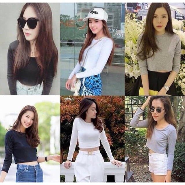 ลดล้างสต๊อก เสื้อครอปคอกลมแขนยาว เอวลอย (ผ้าคอตตอน)