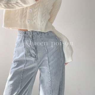 Womens vintage stitched jeans loose wide leg straight pants high waist casual