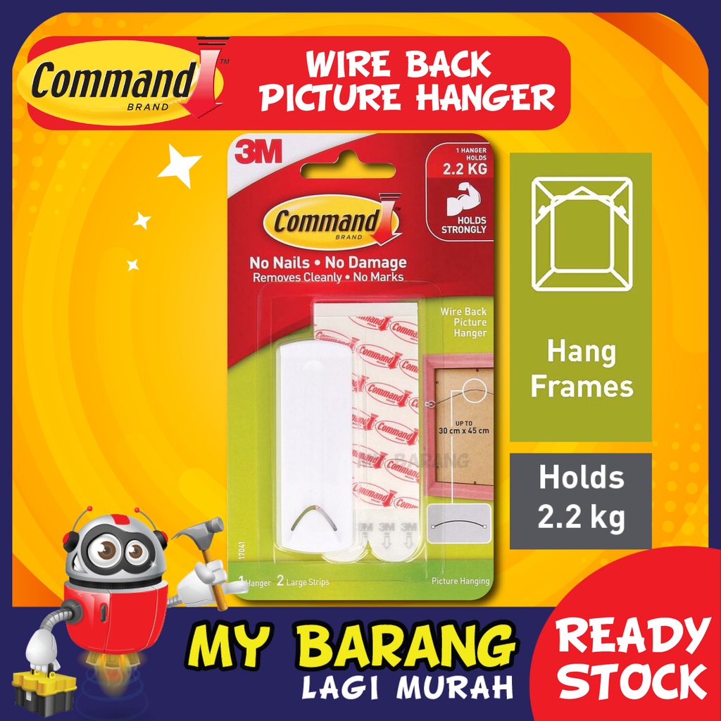 3m Command 17041 2.2 กก.ลวดกลับแขวนภาพแขวนกรอบ Hook Wall Organizer แขวน CommandTM Wire-Back รูปภาพแขวน