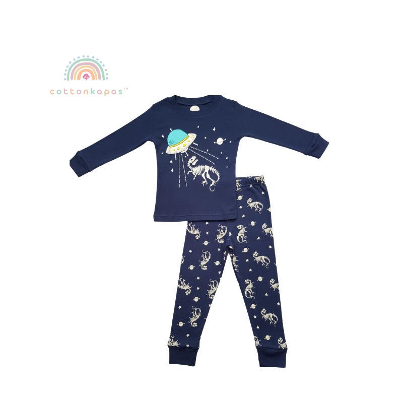 Kids boy ไดโนเสาร์สีฟ้า ufo planet pijamas แขนยาว
