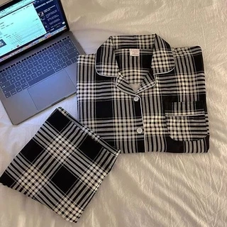 พร้อมส่งชุดนอนคอตต้อน ลายใหม่ฮิต ลายสก็อตเสื้อแขนยาวกระดุมหน้าคอปกกางเกงขายาว