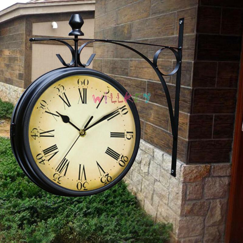 Outdoor Wall Clock Double Side Station Clocks Retro Outside Bracket