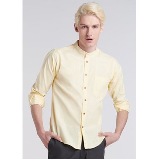 Homme เสื้อเชิ้ตคอจีน แขนยาว สี Yellow มีกระเป๋าช่วงอก สไตล์ Casual