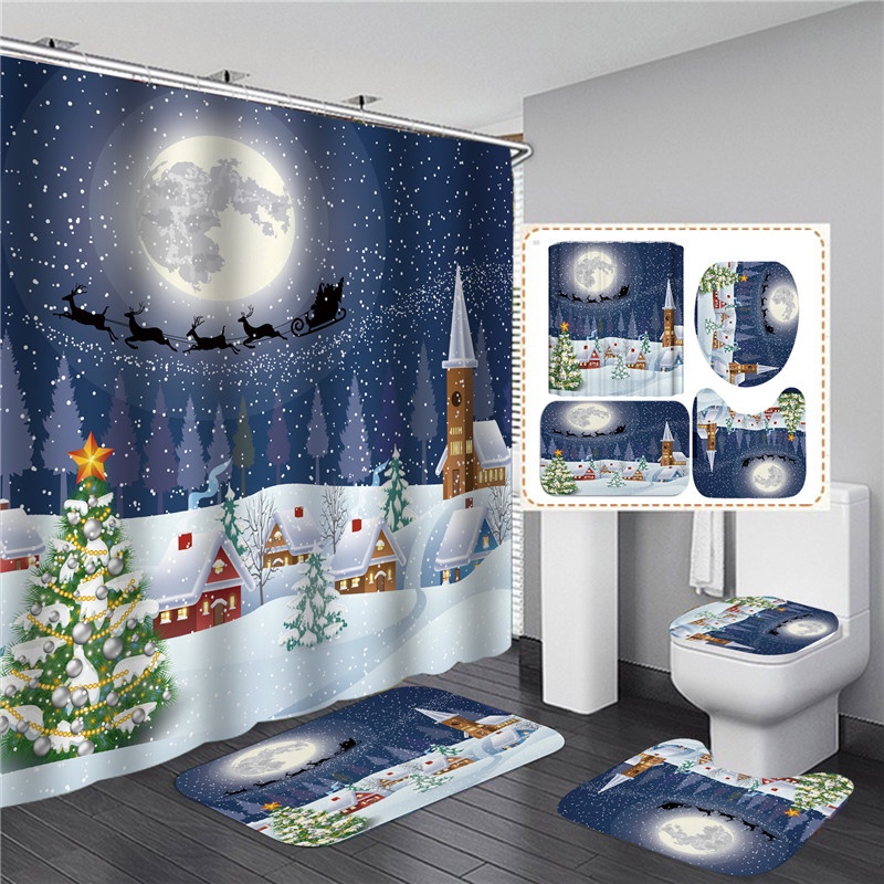 Merry Shower Curtain Set Blue, Santa Shower Curtain Set