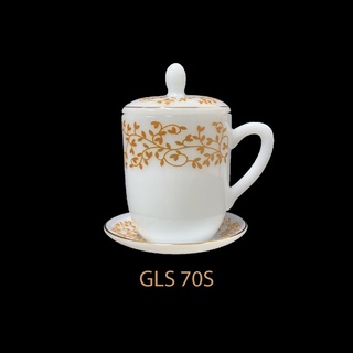 PEARL แก้วเนื้อมุก GLS 70S - แก้วชาพร้อมฝาและจานรองลาย Golden Leaves  (GLS)