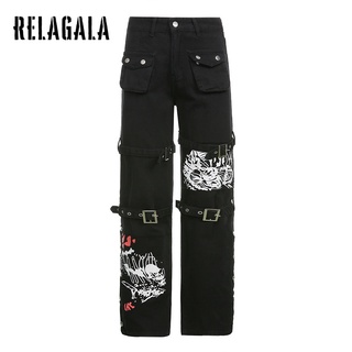Relagala   กางเกงยีนขายาวแฟชั่น พิมพ์ลายถนน สีคมชัด