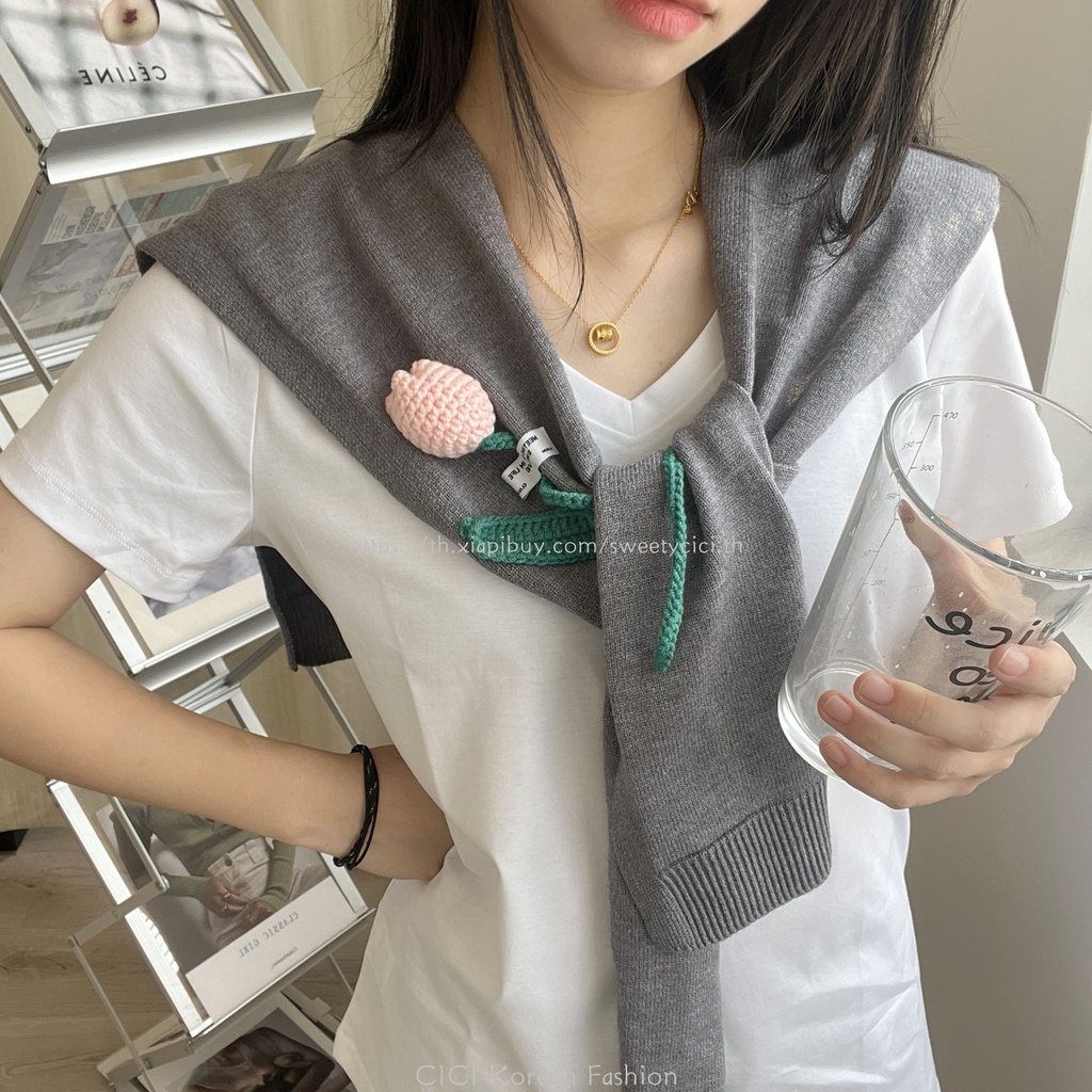 Cici ผ้าพันคอ ผ้าคลุมไหล่ ผ้าถัก ลายดอกไม้ ขนาดเล็ก แฟชั่นเกาหลี 