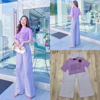 LALADA (ลลดา) set 2 ชิ้น เสื้อยืดครอปสีม่วงสกรีนลาย มาพร้อมกับกางเกงลายสก๊อตสีม่วง