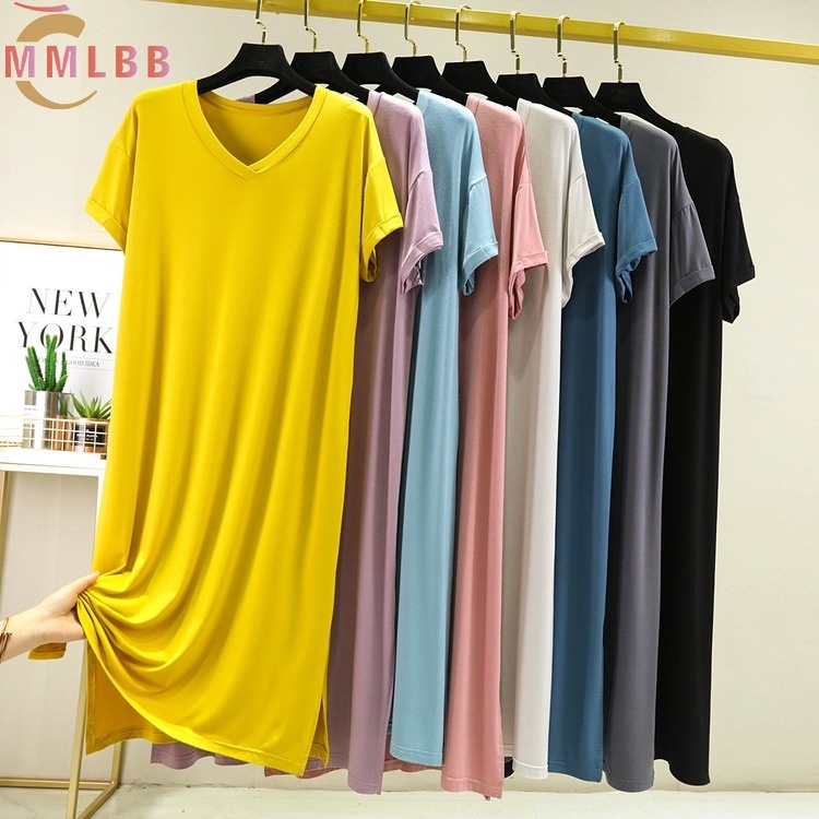 ชุดนอน.modal.ผู้หญิง แบบหลวม สไตล์ V-neck กระโปรงยาว สำหรับซัมเมอร์ L-2XL
