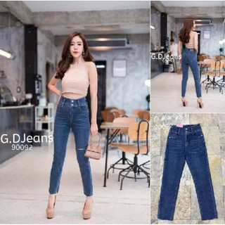 G.D.Jeans รุ่น 90092#กางเกงยีนส์ขายาวผ้ายืดเอวสูงเล่นกระดุมหน้าสองเม็ดแต่งขาดหน่อยๆ