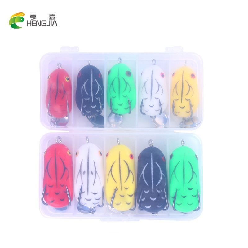 Hengjia เหยื่อตกปลาซิลิโคน รูปกบ 8 กรัม 14 กรัม พร้อมกล่อง 5 ช่อง 5 ชิ้น