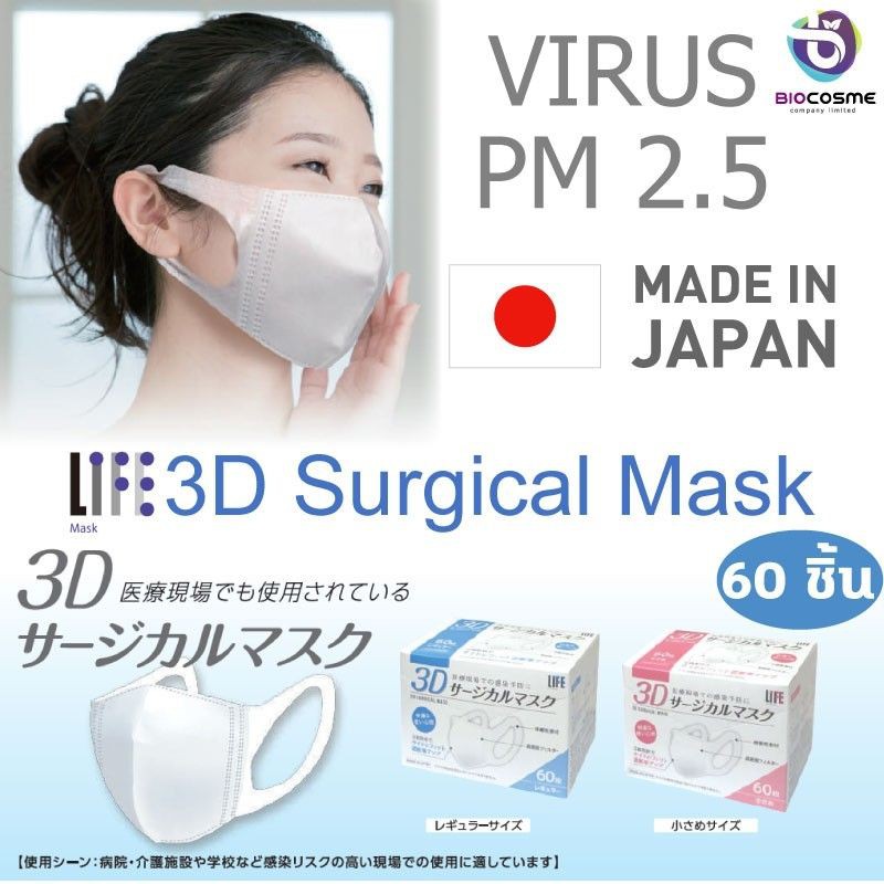 นำเข้าจากญี่ปุ่น! หน้ากากอนามัย Life 3D Surgical Mask ป้องกันเชื้อไวรัส เชื้อแบคทีเรีย เกสรดอกไม้ PM 2.5 ได้ 99%