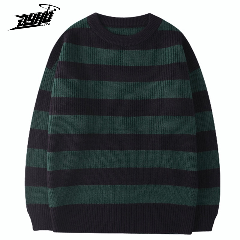 Vintage Knitted Sweater Men Women Harajuku Casual Cotton Pullover Tate Langdon Sweater Same Style Green Striped Tops 202