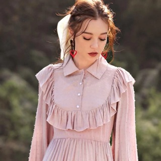 ส่งต่อ Shein Swiss Dot Ruffle Trim Pleated Hem Shirt Dress