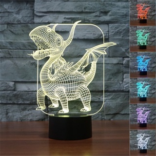 โคมไฟตั้งโต๊ะ LED รูปไดโนเสาร์ 3D ไล่โทนสี 7 สี ชาร์จ USB