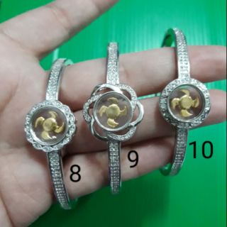 กำไลกังหันแชกงหมิว สีเงินฝังเพชร ใบพัดหมุนได้ ขนาด 6 ซม.