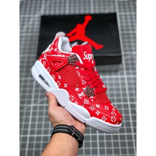 ✱◕Nike Supreme x Air Jordan 4 Custom Red รองเท้าบาสเก็ตบอลสำหรับผู้ชาย