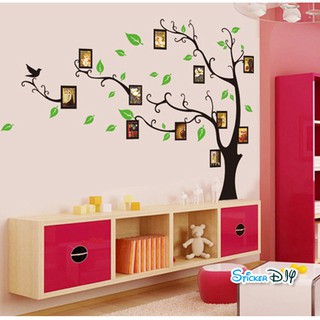 Transparent Wall Sticker สติ๊กเกอร์ติดผนัง กรอบรูปต้นไม้(ขวา)ใบเขียว สีดำ (กว้าง170cm.xสูง120cm.)