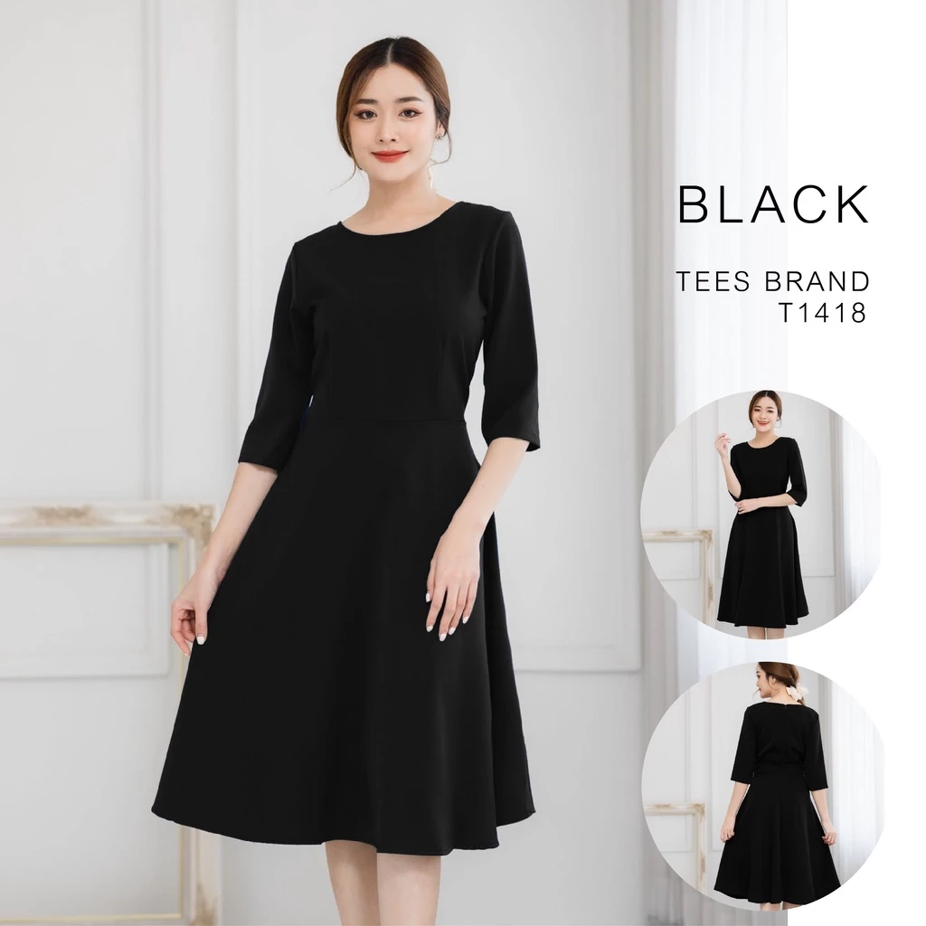 TEESBRAND T1418 ชุดทำงานสีดำ ทรงบาน เสื้อคอกลม แขนห้าส่วน ชุดสุภาพ ใส่งานพิธี สินค้าพร้อมส่ง