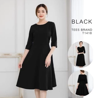 TEESBRAND T1418 ชุดทำงานสีดำ ทรงบาน เสื้อคอกลม แขนห้าส่วน ชุดสุภาพ ใส่งานพิธี สินค้าพร้อมส่ง