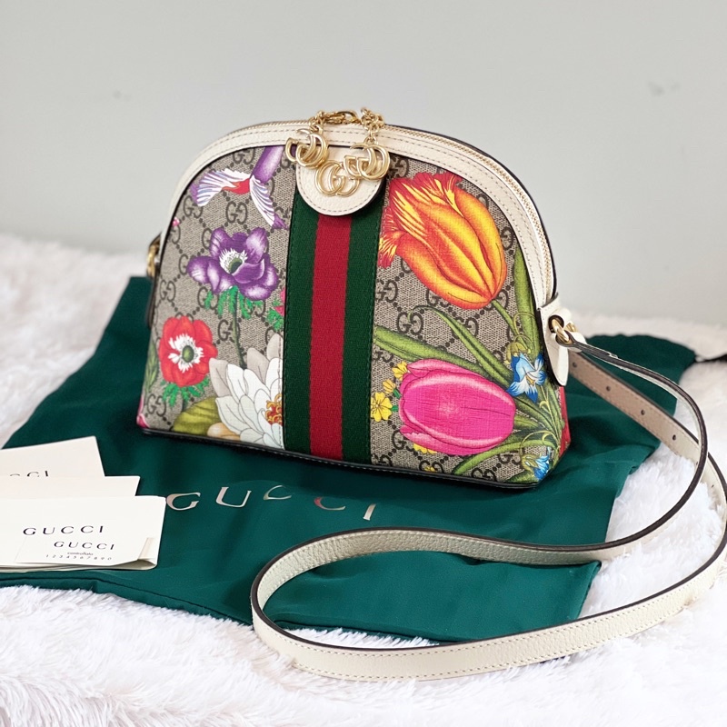 Gucci GG Supreme Monogram Flora Web Ophidia Dome Shoulder Bag White 499621
