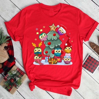 New  Owls Print T-shirts Merry Christmas Female Short Sleeves Soft Loose Clothing Casual Kawaii Top Womens  xmas