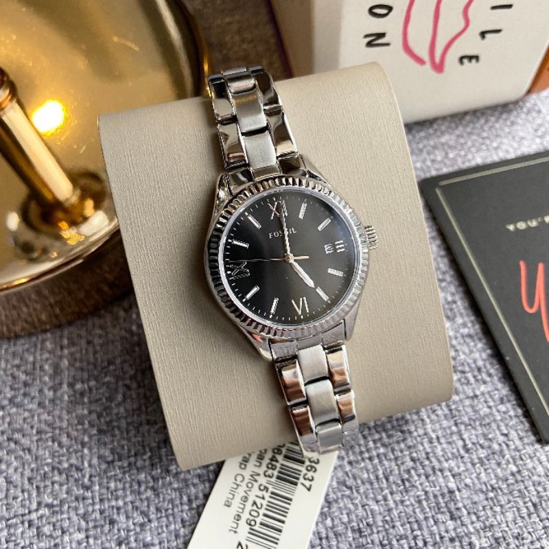🎀 (สด-ผ่อน) นาฬิกาผู้หญิง สีเงิน หน้าปัดดำ BQ3637 FOSSIL Rye Three-Hand Date Stainless Steel Watch ขนาด 30 มิล #30มิล
