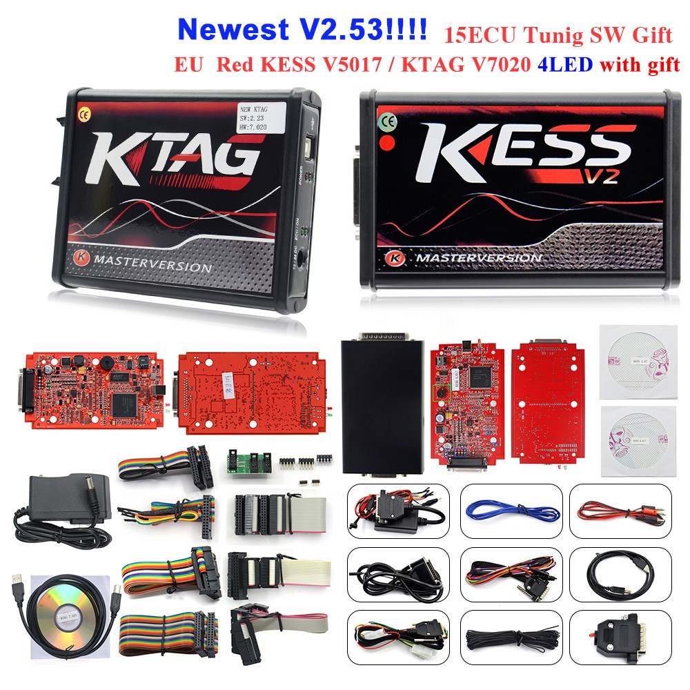【พร้อมส่ง】KESS V2 V2.47 V5.017 EU Red ECM Winols KTAG V2.25 V7.020 ไฟ LED 4 ดวง ECU OBD สําหรับรถยนต