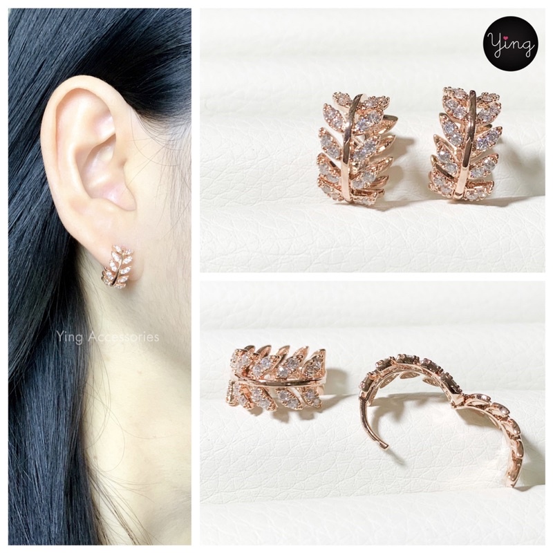 ต่างหูเพชร CZ ห่วงเล็กเพชรใบมะกอก Pink Gold ขนาดห่วง 1 cm