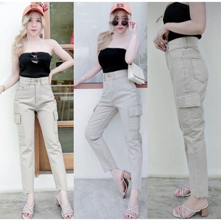 My vintage jeans กางเกงผู้หญิง ทรงบอย คาร์โก้ เอวสูง แต่งกระเป๋า เอวสูงกระดุม2เม็ด
