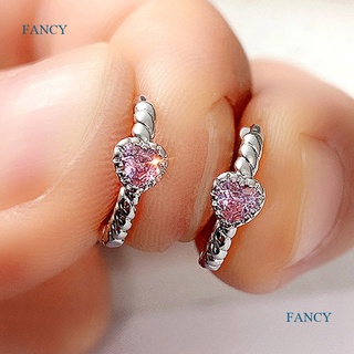 Fancyqube ต่างหูเพทาย สีชมพู ป้องกันอาการแพ้ เครื่องประดับแฟชั่น สําหรับผู้หญิง คู่รัก สร้างสรรค์ หัวใจ ปาร์ตี้ ของขวัญ