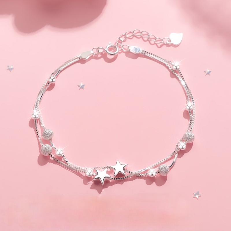 925 เงินใหม่ Double-layer Star สร้อยข้อมือหญิง Ins Design Simple สร้อยข้อมือวันเกิดของขวัญเครื่องประดับ