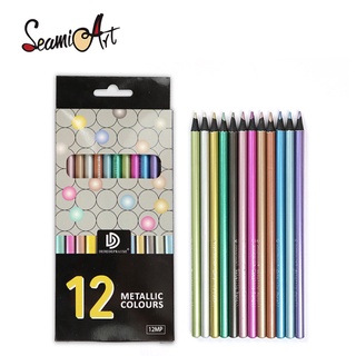 Seamiart ดินสอสีเมทัลลิก้า 12 สีสําหรับวาดภาพร่างสเก็ตภาพสีดํา