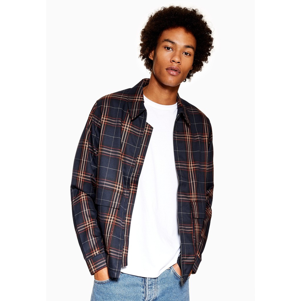 TOPMAN เสื้อแจ็กเก็ต Navy And Brown Check Harrington รุ่น 88C38RNAV สีน้ำเงิน