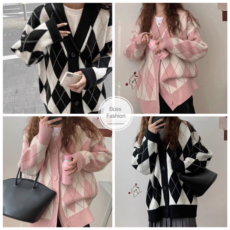 เสื้อคาร์ดิแกนทรงหลวมประดับเพชรสีดําและสีชมพูสําหรับผู้หญิง