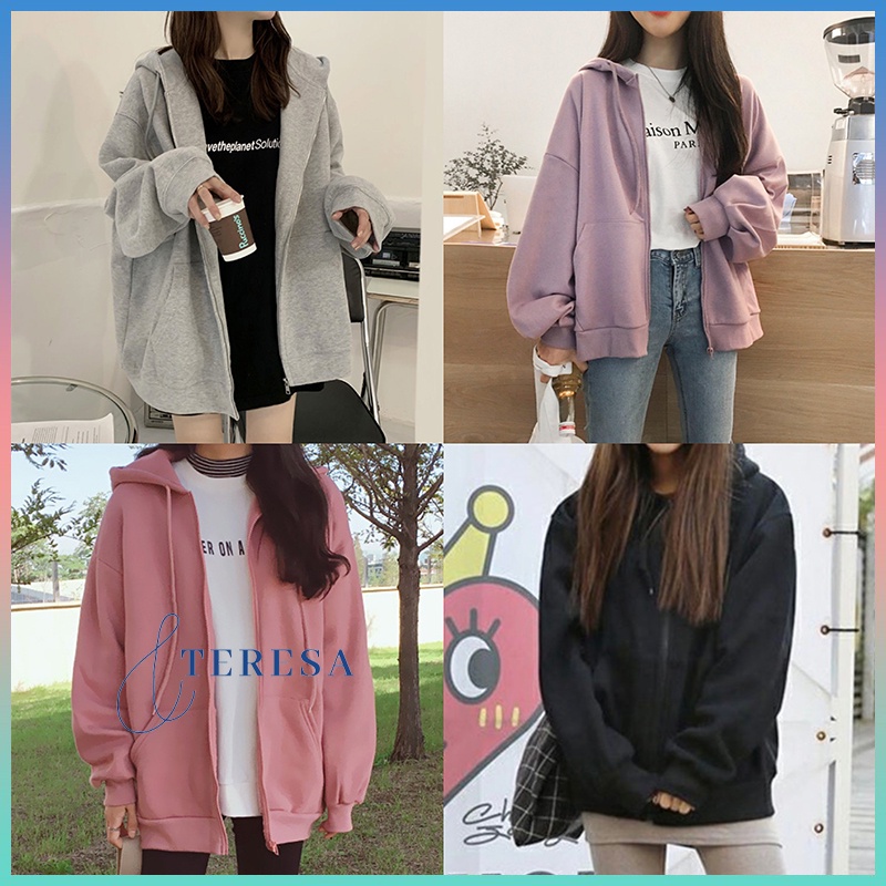 แขนยาว ซิปหน้า เสื้อกันหนาวมีฮู้ดทึบ เสื้อแจ็คเก็ตมีฮู้ดผู้หญิง เนื้อผ้านุ่มสวมใส่สบาย
