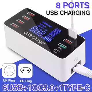 พร้อมส่ง A9 PLUS Multi-Function สมาร์ท USB Charger 1 QC30/1 Type-C/6 พอร์ต USB LCD จอแสดงผล 8 พอร์ต AC100-240V