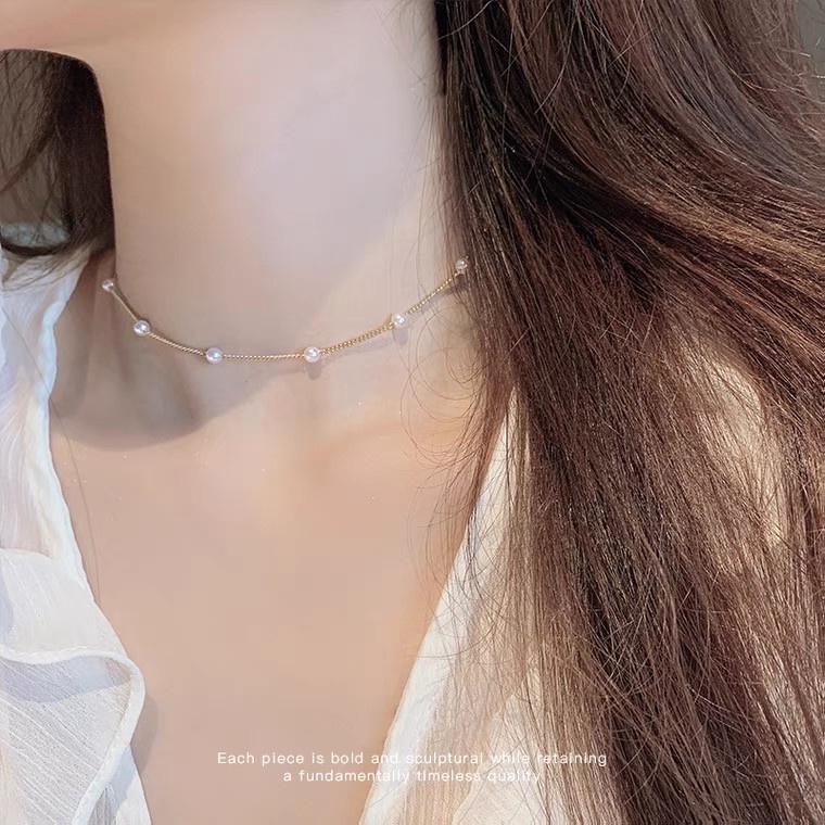สร้อยคอโชคเกอร์ สายโซ่ ประดับไข่มุก แบบบาง สไตล์เกาหลี สําหรับผู้หญิง