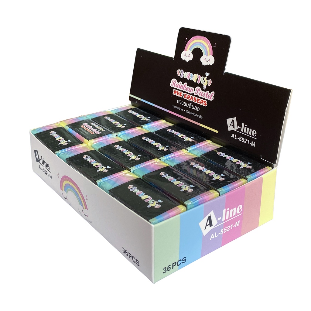 A-Line ยางลบ สายรุ้ง ขนาดกลาง ไซส์ M (ชุด 36 ชิ้น/กล่อง) ลบง่าย ไม่ทำลายเนื้อกระดาษ AL-5521