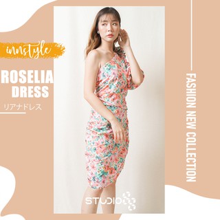 Studio88 ชุดเดรส เดรส เดรสปาดไหล่ข้าง DRESS รุ่น ROSELIA พิมพ์ลายดอก ช่วงแขนแต่งผูกโบว์ ทรงสวย เซ็กซี่