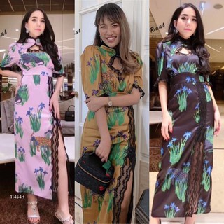 J11454 Maxi Dress เดรสลายดอกคอจีนแต่งขอบลูกไม้