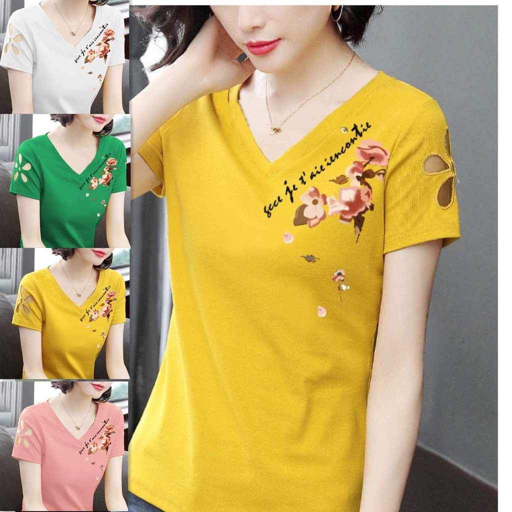 พลัสขนาดผ้าฝ้าย 100% เสื้อผู้หญิงคอวีแขนสั้นเสื้อยืด