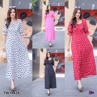 J14428 Maxi Dress #สาวอวบ เดรสยาว แขนพอง ลายหัวใจ